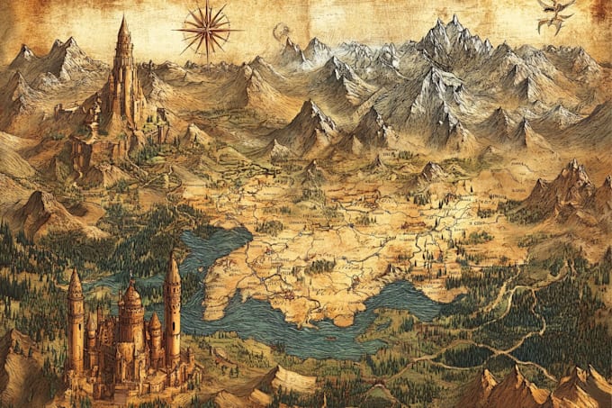 hand draw a fantasy map with digital watercolours