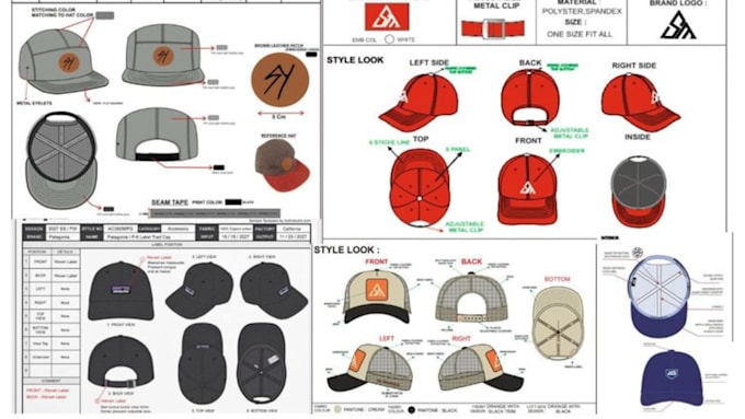 create tech pack for cap, hat, snapback, bucket, beanie and design cap mockups