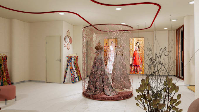 modern 3d boutiques interior clothing store retail shops, showroom cgi rendering