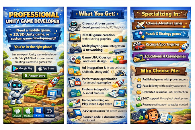 develop 2d and 3d games for mobile or PC in unity
