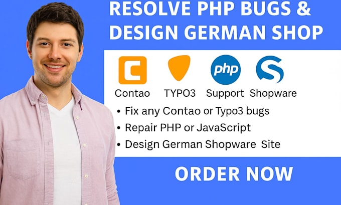 fix any contao or typo3 bugs, repair php, javascript,design german shopware site