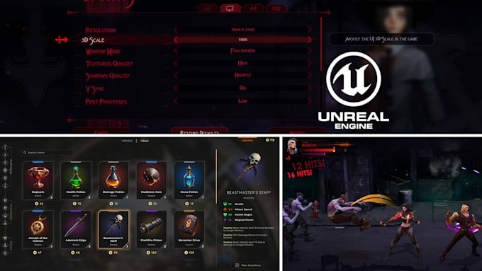 design responsive unreal engine UI, unity game UI UX, 2d 3d menu hud, mobile PC
