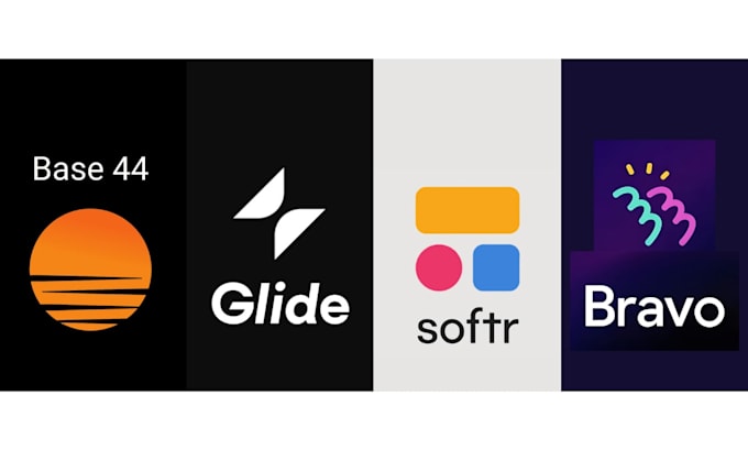build no code app with bravo studio, base 44 website glide ui ux, softr webapp