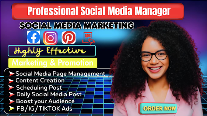 be your social media marketing manager, social media manager, social media post
