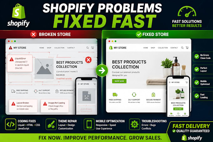 fix shopify theme bugs, coding errors, liquid issues, and broken layouts