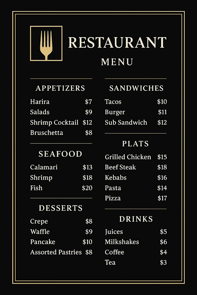design a professional and attractive restaurant menu