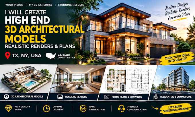 create high end 3d architectural models, realistic renders and plans tx ny USA