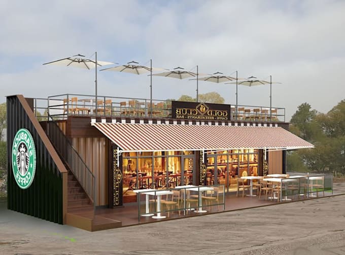 renovate facade pavilion, front shop render, cafe shop, 3d rendering, bar area