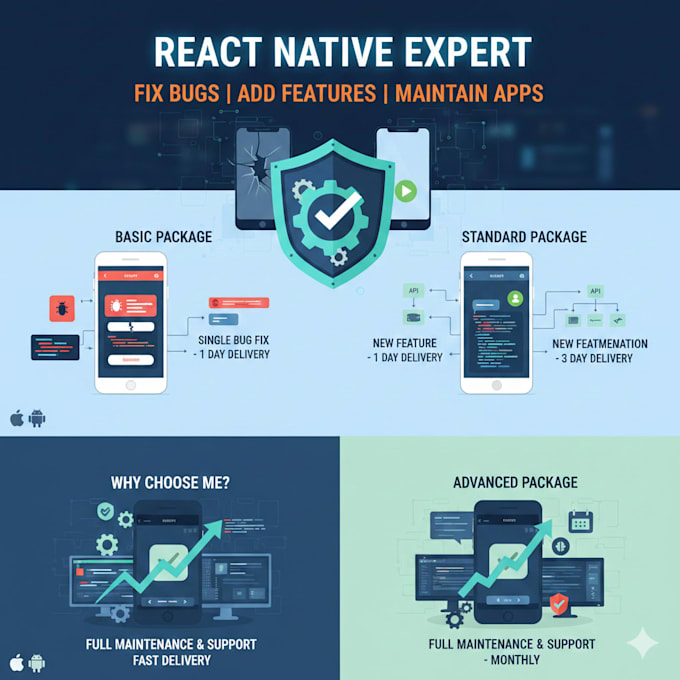 fix react native bugs, issues, implement small features, or maintain app