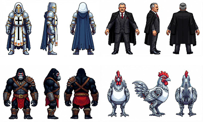 pixel art sprites with different views for retro gaming