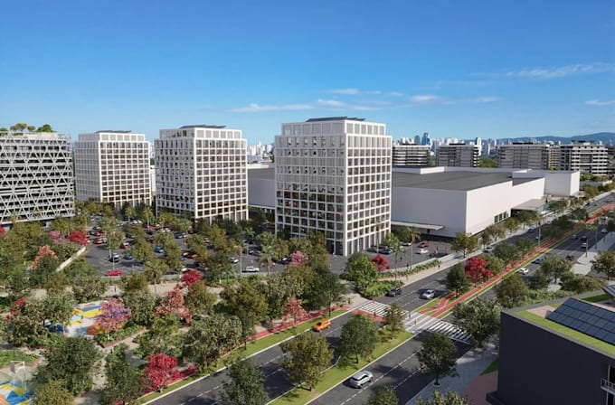 develop 3d urban community layout, multipurpose complex, cgi exterior landscape