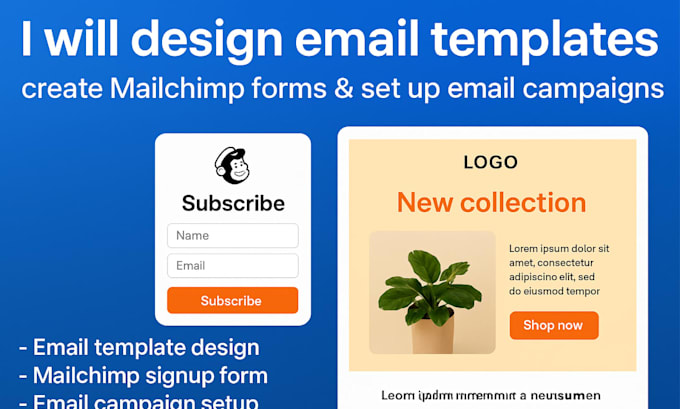design email template, mailchimp form, setup email campaign