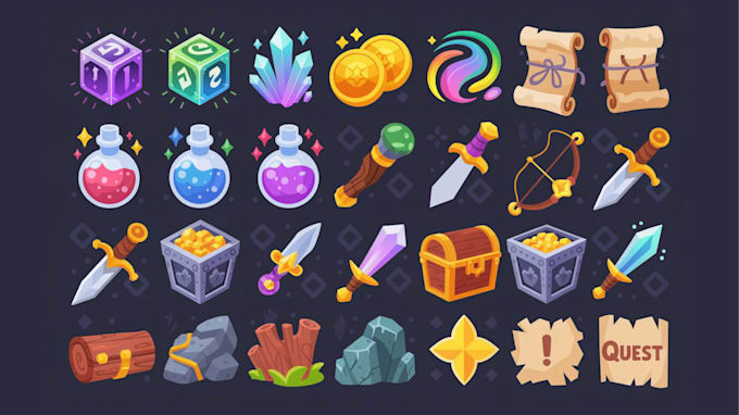 make custom 2d game assets, icons, props, and objects for game art