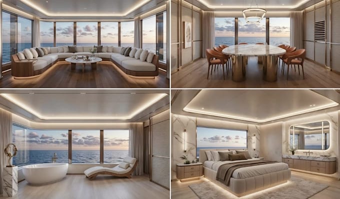 redesign yacht concept, revitalize 3d space, versatile area render, bow balcony