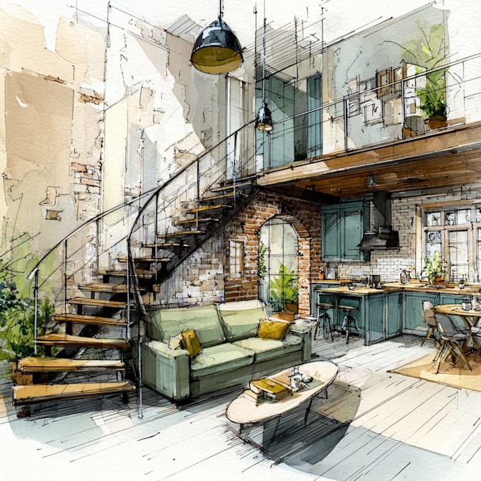 do watercolor style architectural or interior illustration