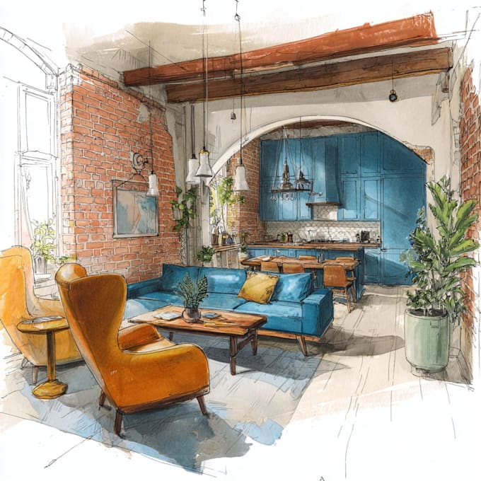 do watercolor style architectural or interior illustration