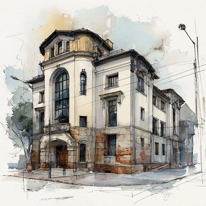 sketch architecture building with watercolor rendering