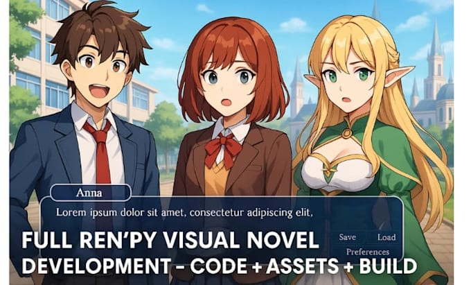 build anime style renpy visual novel coding, art integration and full vn