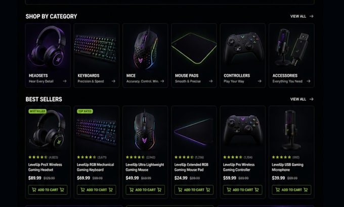 design gaming accessories shopify store video game website game gadgets store