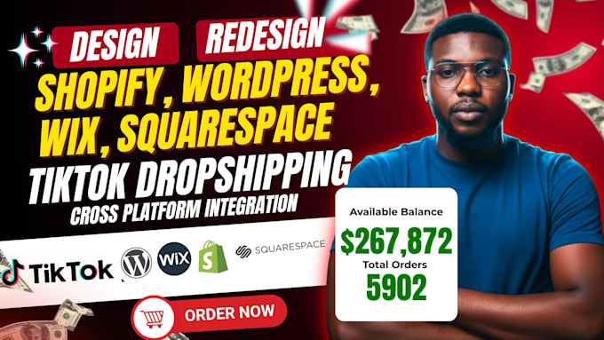 design redesign shopify store, wordpress, squarespace, wix website, tiktok shop