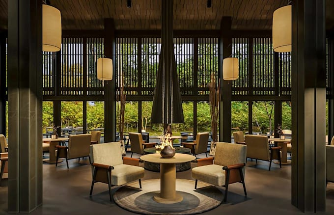 luxury forest restaurant design, kitchen, cocktail bar visualization, food space
