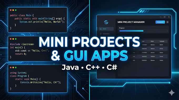 create java,cpp,c sharp mini projects and programming tasks