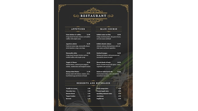 design a professional restaurant menu
