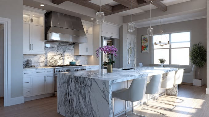 design kitchen interior in 2d and render