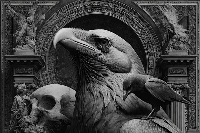 create dark art, black white artwork, occult, death metal artwork