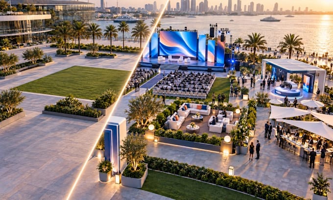 create ai event stage design, venue layout and realistic site plan visualization