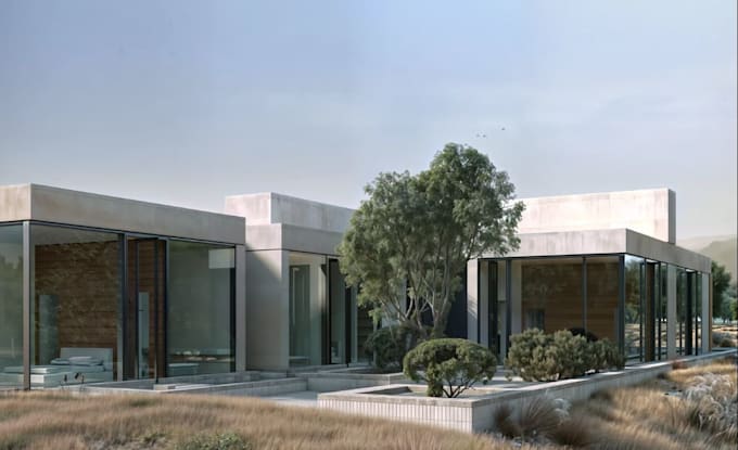 design modern desert retreat, 3d homes exterior render, large plot visualization