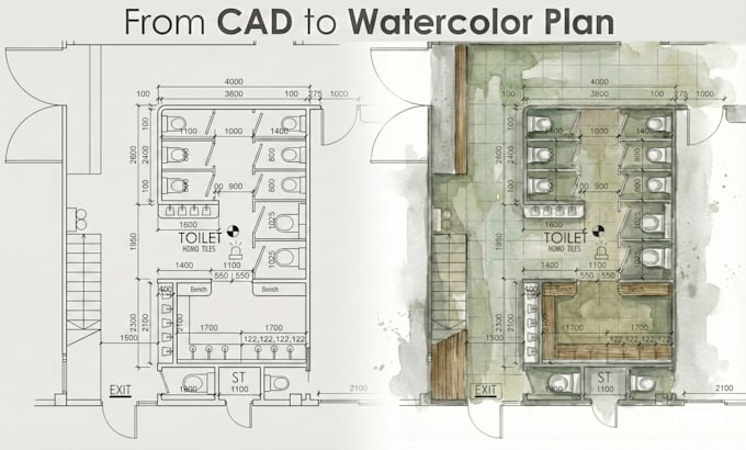 create elegant watercolor architectural plan renderings