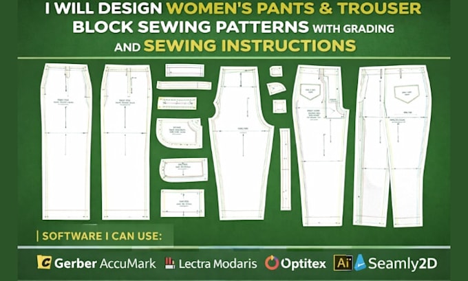 women pants, trouser block sewing patterns with grading and sewing instructions