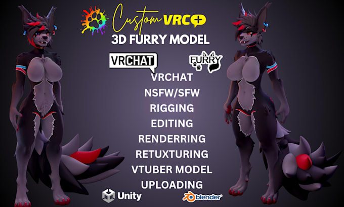 do custom 3d vrchat avatar, furry nsfw model, vtuber character rigging, animaze