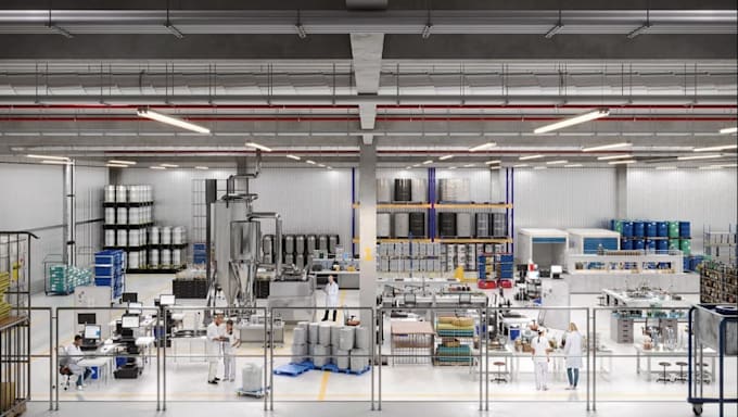 redesign 3d industrial warehouse, factory storage, pallet rack,logistic facility