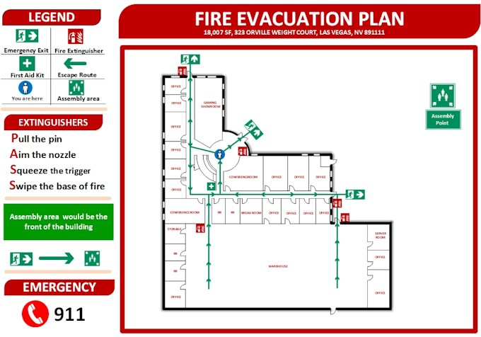 design professional evacuation plan, fire exit plan and safety diagram