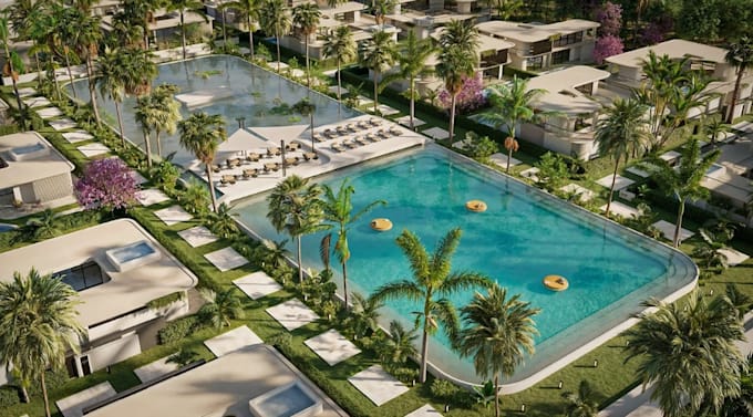 resort design, landscape development, 3d interior render, site plan, hospitality