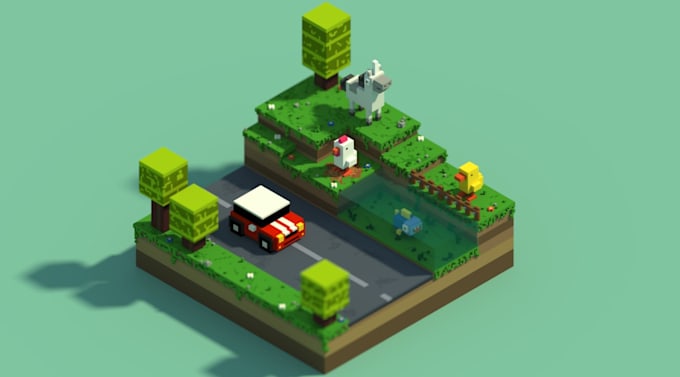 3d voxel art environment, sandbox model character, asset for VR and mobile
