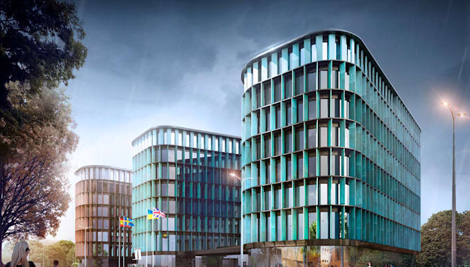 create 3d rendering for mixed use buildings, hotel renovation, office complex