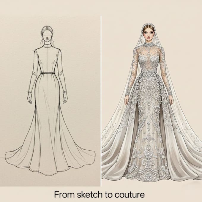 create luxury bridal gown design and fashion illustration