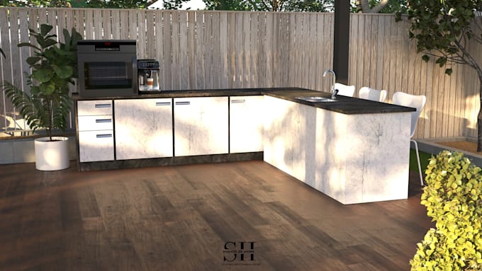 design backyard, deck, pool, patio, landscape 3d rendering