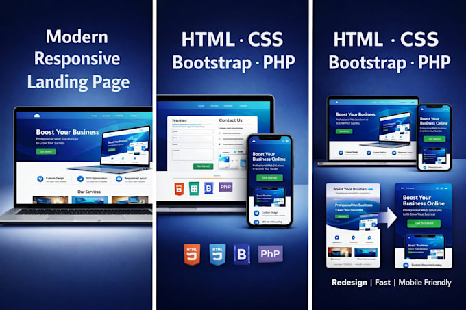 design or redesign a modern responsive landing page in HTML CSS PHP