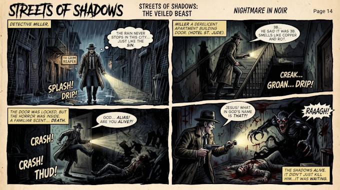illustrate horror, noir and dark comic book based on story