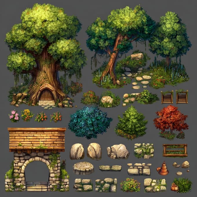 create 2d game art, game art, game UI, props, 2d game