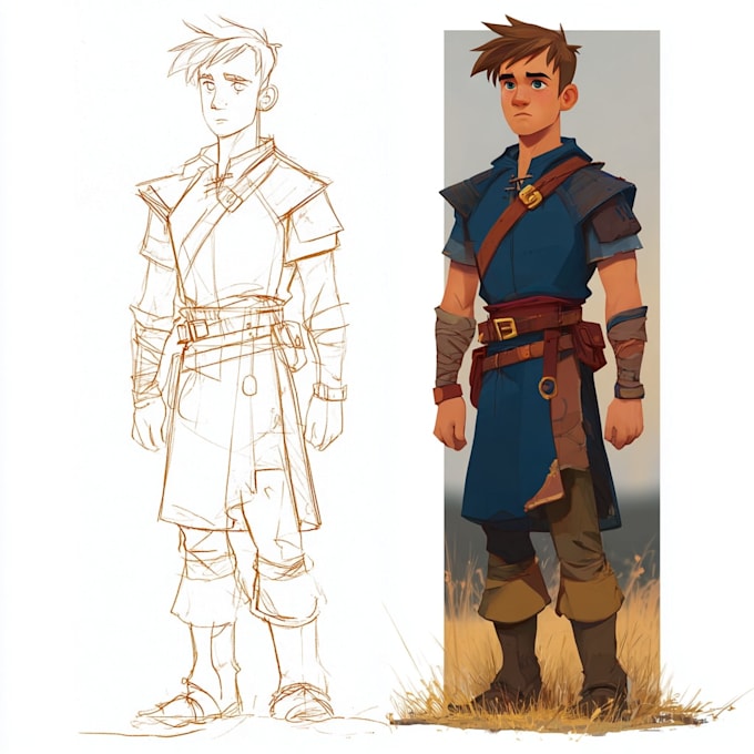 draw 2d character design and character sheet