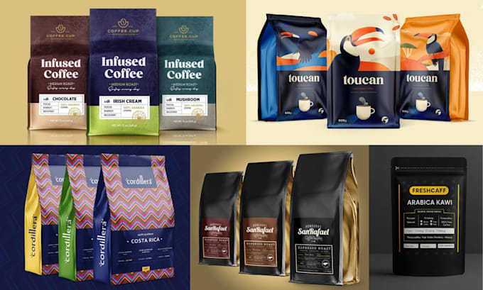 coffee packaging, bag, stand up pouch and tea labels design