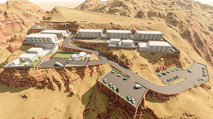 build mountain hillside campus, mountain road infrastructure, mater plan, render