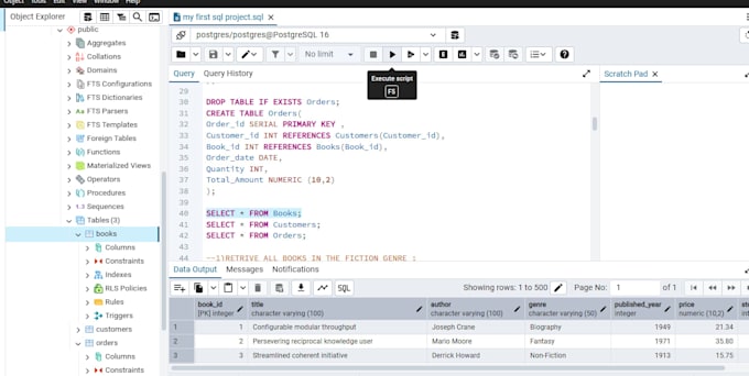 design postgresql database with tables, data and  sql queries