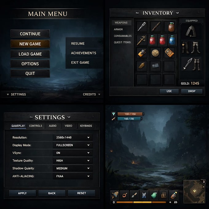 design 2d pc game UI UX interface hud and menu screens