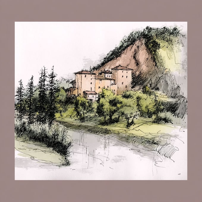 Hand draw landscape sketch watercolor and ink by Margueritei | Fiverr